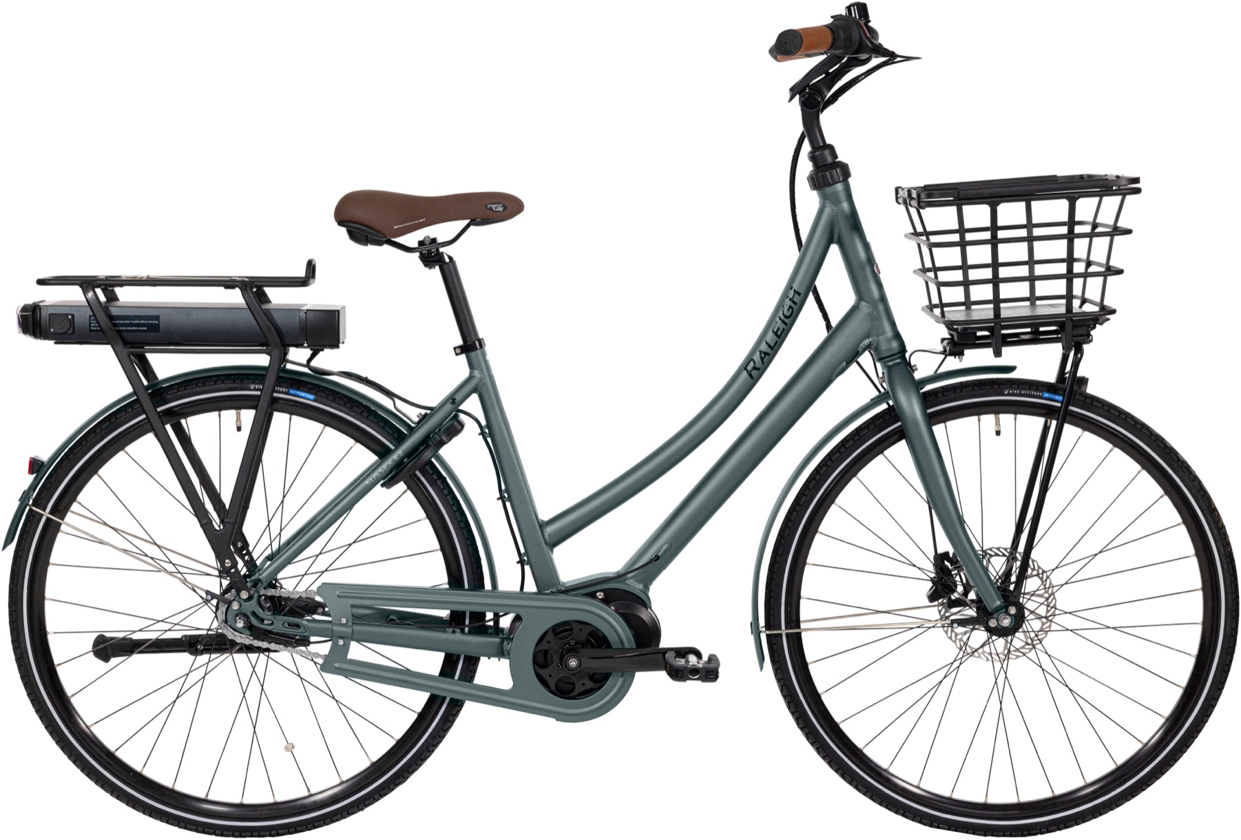 Raleigh Sussex E2 Dame 7 gear fodbremse mat grøn inkl. 11,0 Ah batteri
