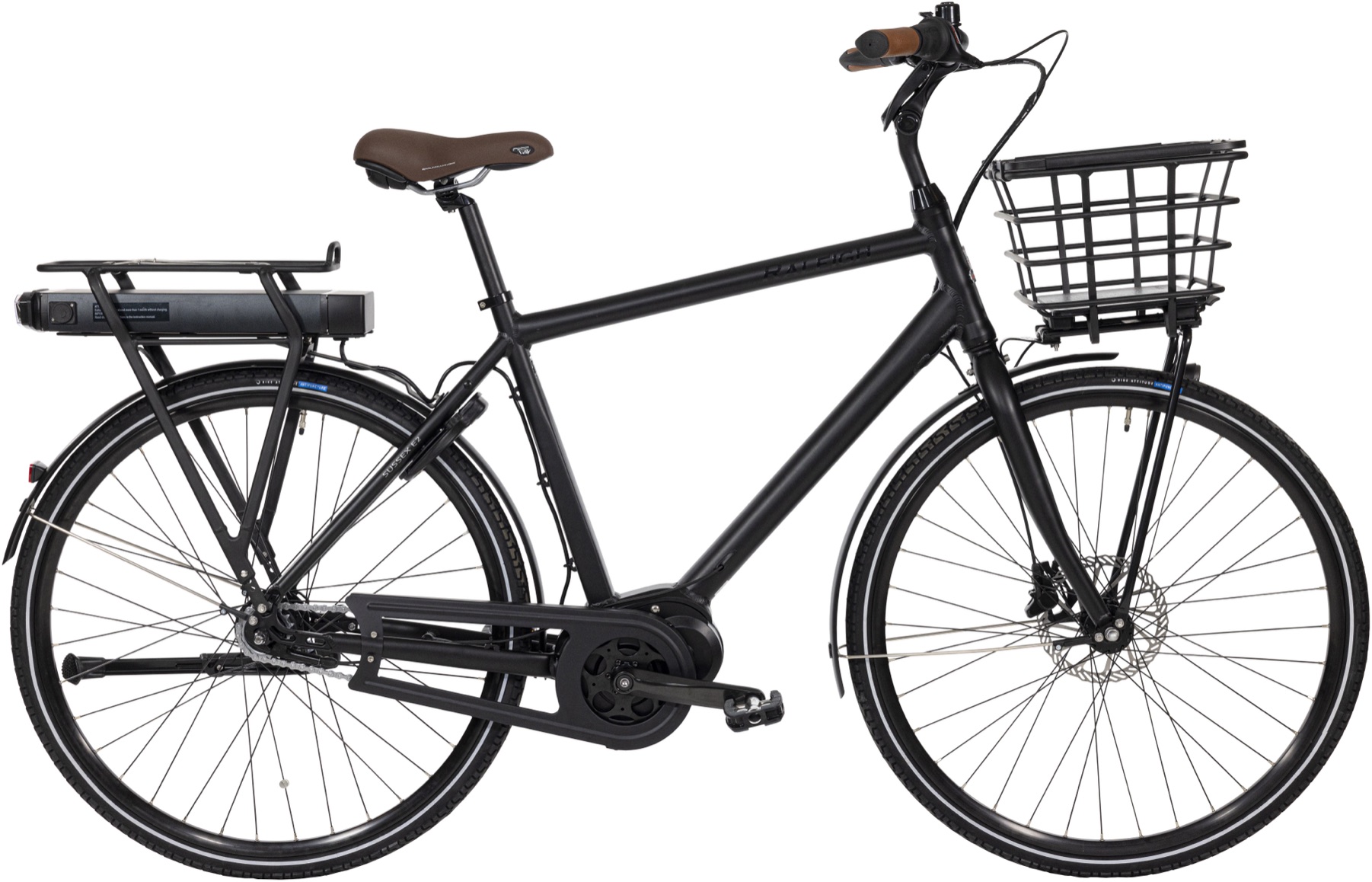 Raleigh Sussex E2 Herre 7 gear fodbremse mat sort inkl. 11,0 Ah batteri